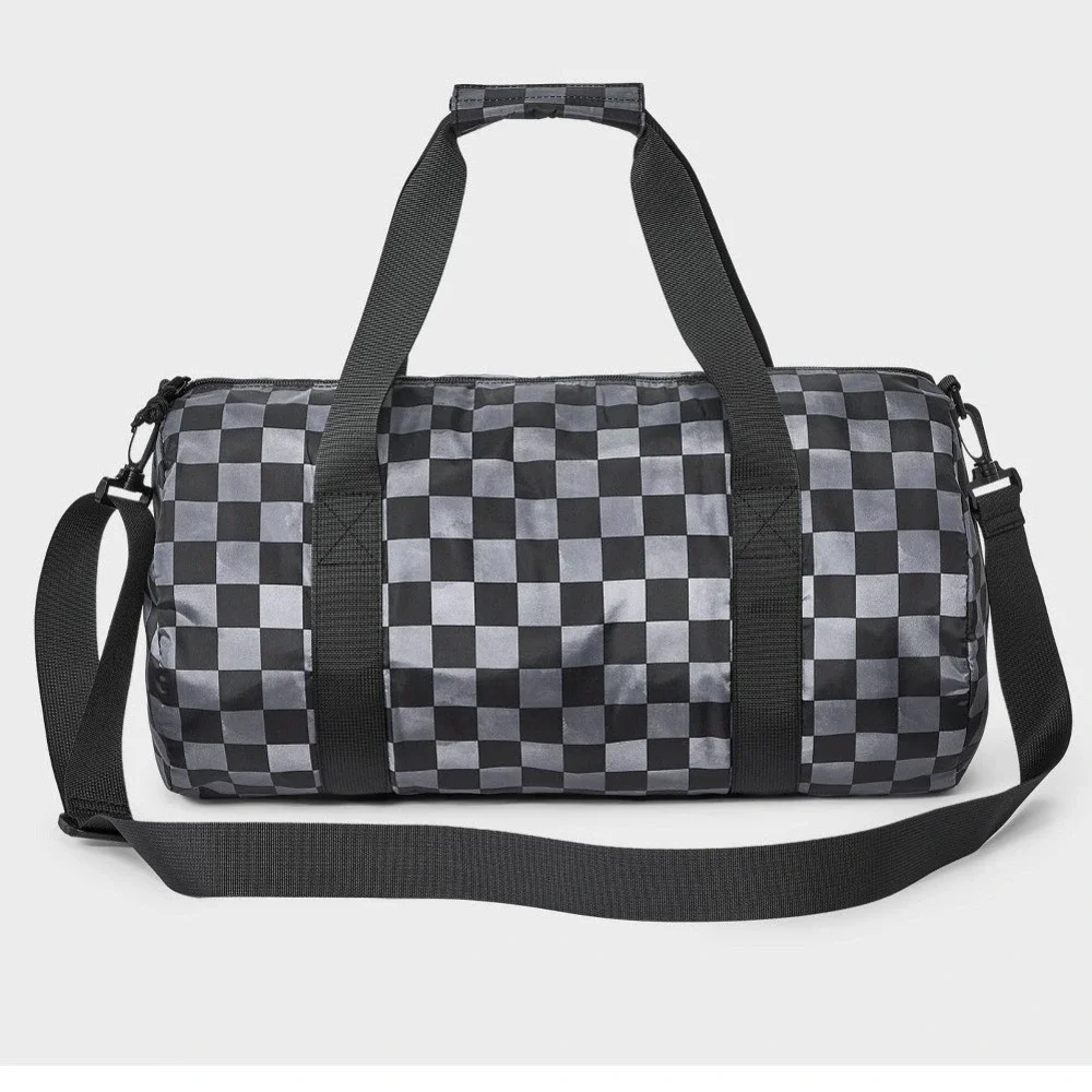 Cat & Jack Kids Checkered Duffel Bag Black Grey Barrel Sports Travel TB1001 NWT